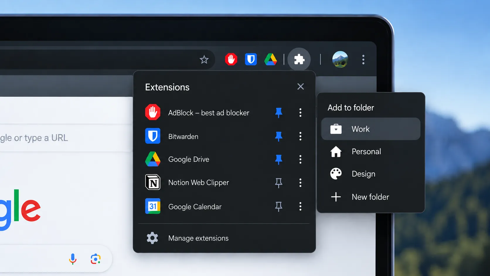 Conceptual Chrome extensions menu showing pinned and unpinned extensions alongside a hypothetical folder menu.