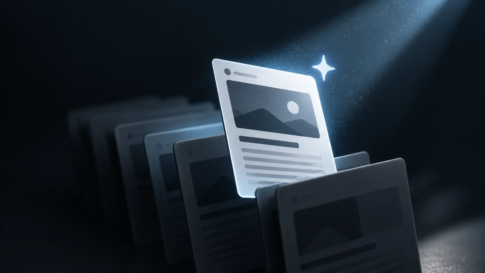 A highlighted webpage card being surfaced from a stack of darker pages under a focused beam.