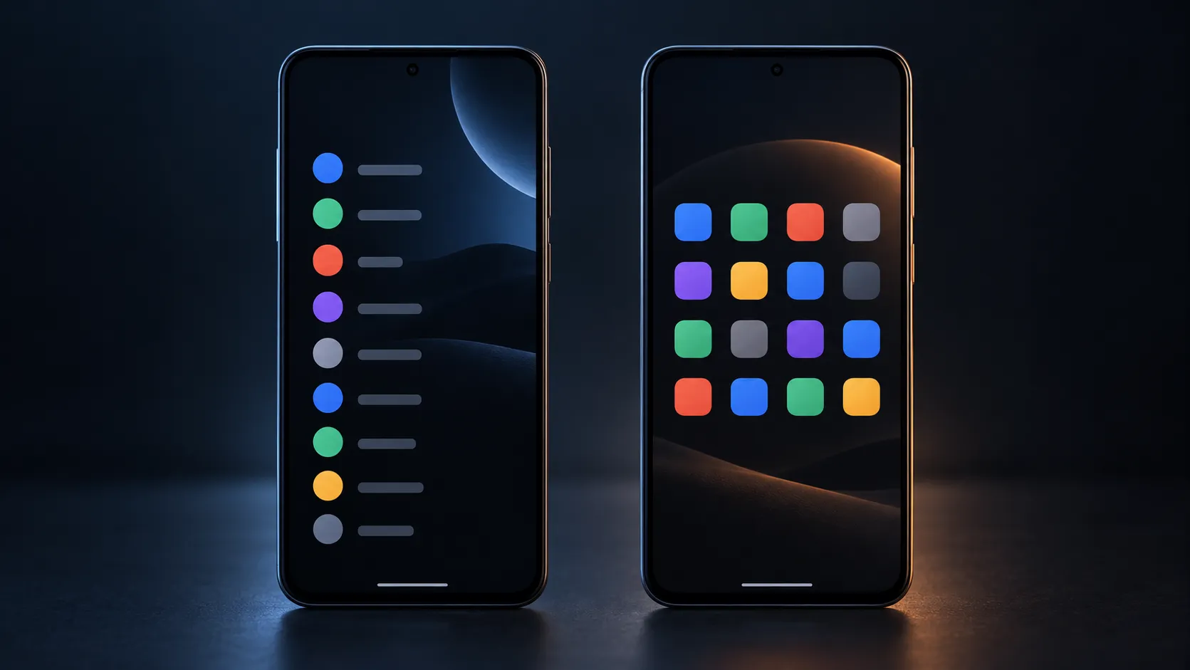 Conceptual comparison of list-first and grid-based Android launcher layouts on two smartphones.